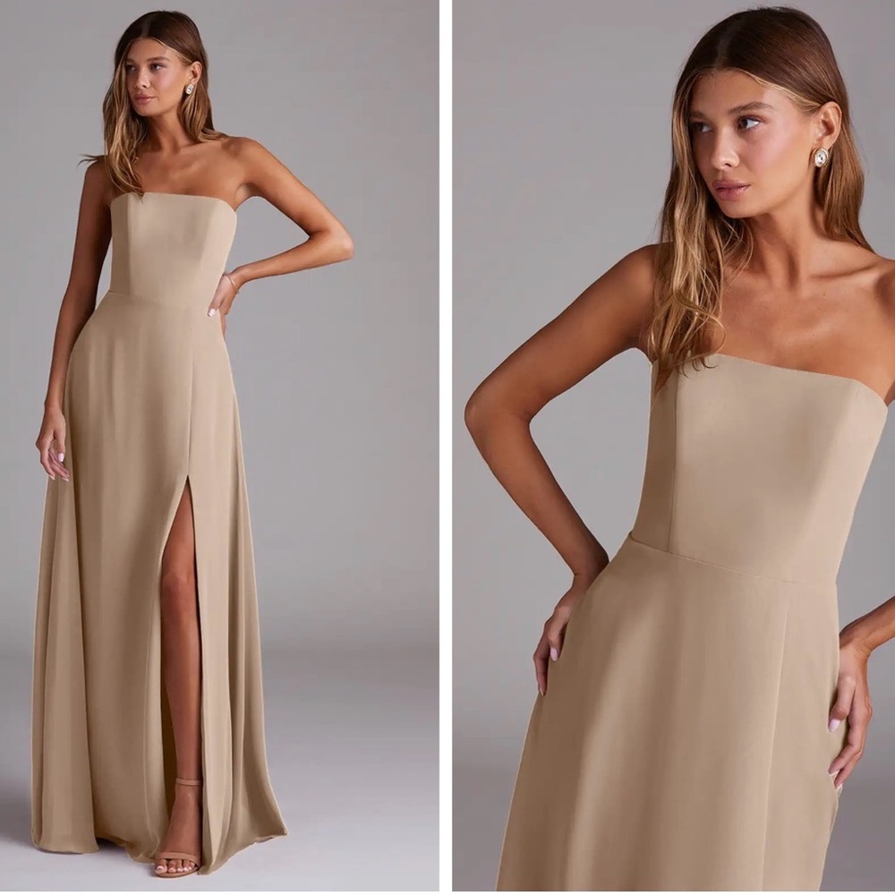 Azazie Strapless Taupe Gown with Front Slit